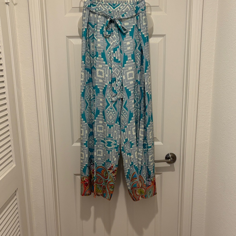 Johnny Was Teal and Gray Geometric Wrap Pants.  Brand new.